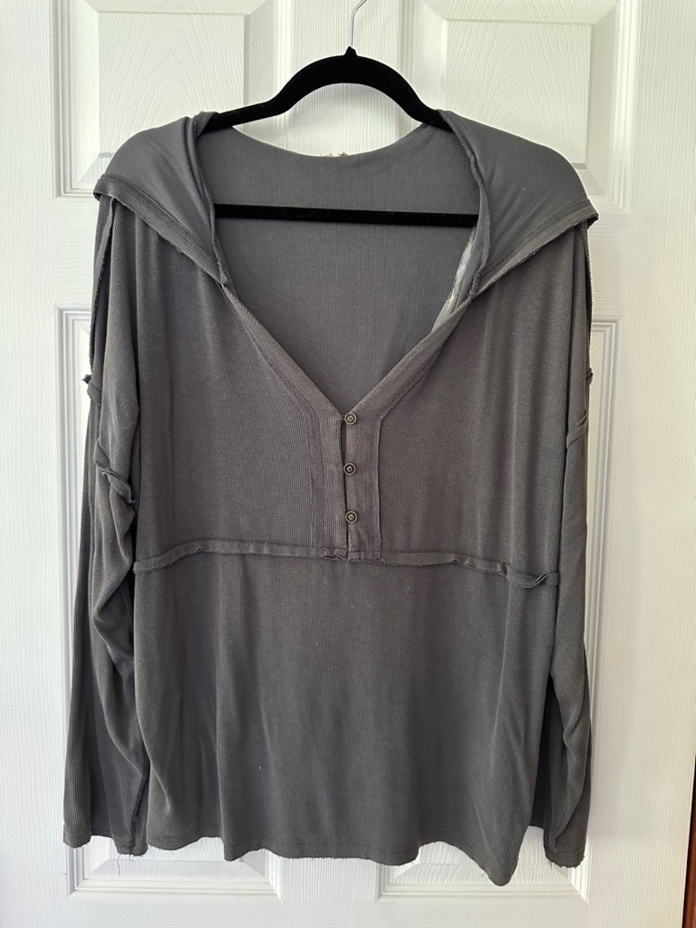 POL Casual Hooded Henley Top in Slate Gray